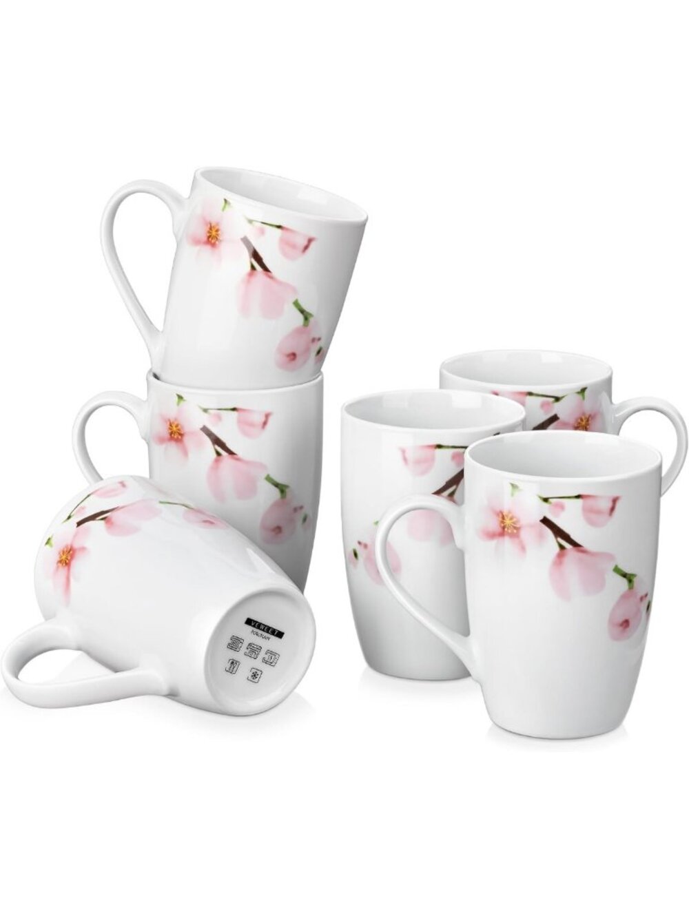 Floral Ceramic Coffee Mugs Set of 6 - 16oz Large Handle, Perfect for Home
